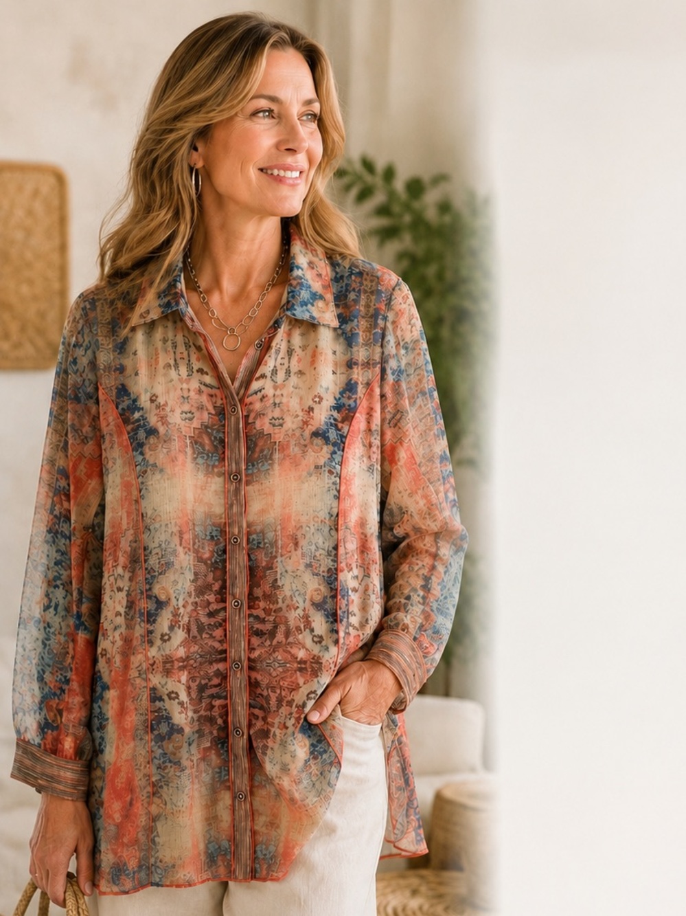 Soft Surroundings Golden Tapestry Safra Top Sheer Tunic Blouse Boho Mixed Media - Picture 8 of 8